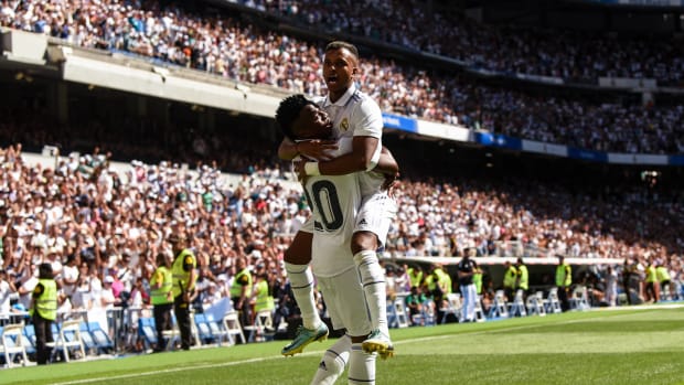 Scorers Vinicius Junior and Rodrygo (right) pictured celebrating during Real Madrid's 2-1 win over Real Betis in September 2022